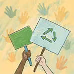 Thumbnail for Civic Engagement is an illustration of two hands holding signs with the recyclable icon