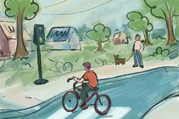 Thumbnail for Health and Safety is an illustration of a person riding a bicycle