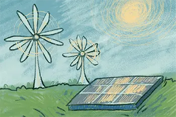 Thumbnail for Energy and Infrastructure is an illustration of solar panels and windmills