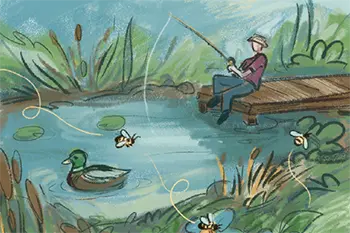 Thumbnail for Ecology Interdependence is an illustration of a person fishing by a pond with a duck in the water