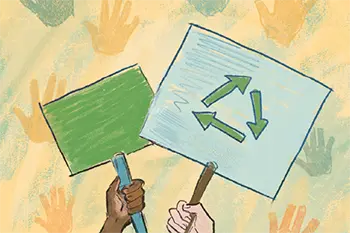 Thumbnail for Civic Engagement is an illustration of two hands holding signs with the recyclable icon