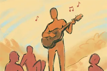 Thumbnail for Arts and Culture is an illustration of a person standing and playing guitar while others sit around that person and listen