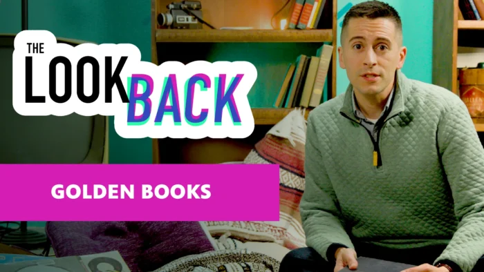 The Look Back logo with "Golden Books" text and host seated in studio, wide crop