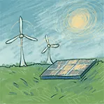 Thumbnail for Energy and Infrastructure is an illustration of solar panels and windmills