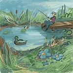Thumbnail for Ecology Interdependence is an illustration of a person fishing by a pond with a duck in the water