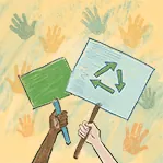 Thumbnail for Civic Engagement is an illustration of two hands holding signs with the recyclable icon