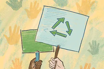 Thumbnail for Civic Engagement is an illustration of two hands holding signs with the recyclable icon