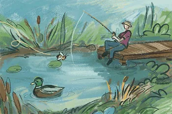 Thumbnail for Ecology Interdependence is an illustration of a person fishing by a pond with a duck in the water