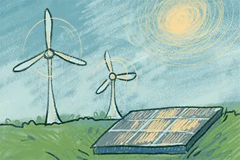 Thumbnail for Energy and Infrastructure is an illustration of solar panels and windmills