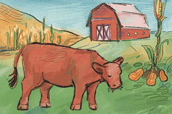 Thumbnail for Food and Farming is an illustration of a beef cattle with a barn in the background