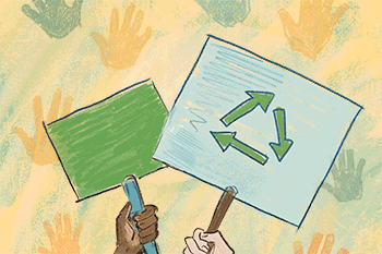 Thumbnail for Civic Engagement is an illustration of two hands holding signs with the recyclable icon