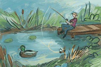Thumbnail for Ecology Interdependence is an illustration of a person fishing by a pond with a duck in the water