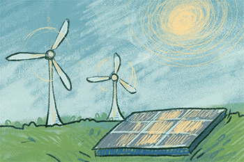 Thumbnail for Energy and Infrastructure is an illustration of solar panels and windmills