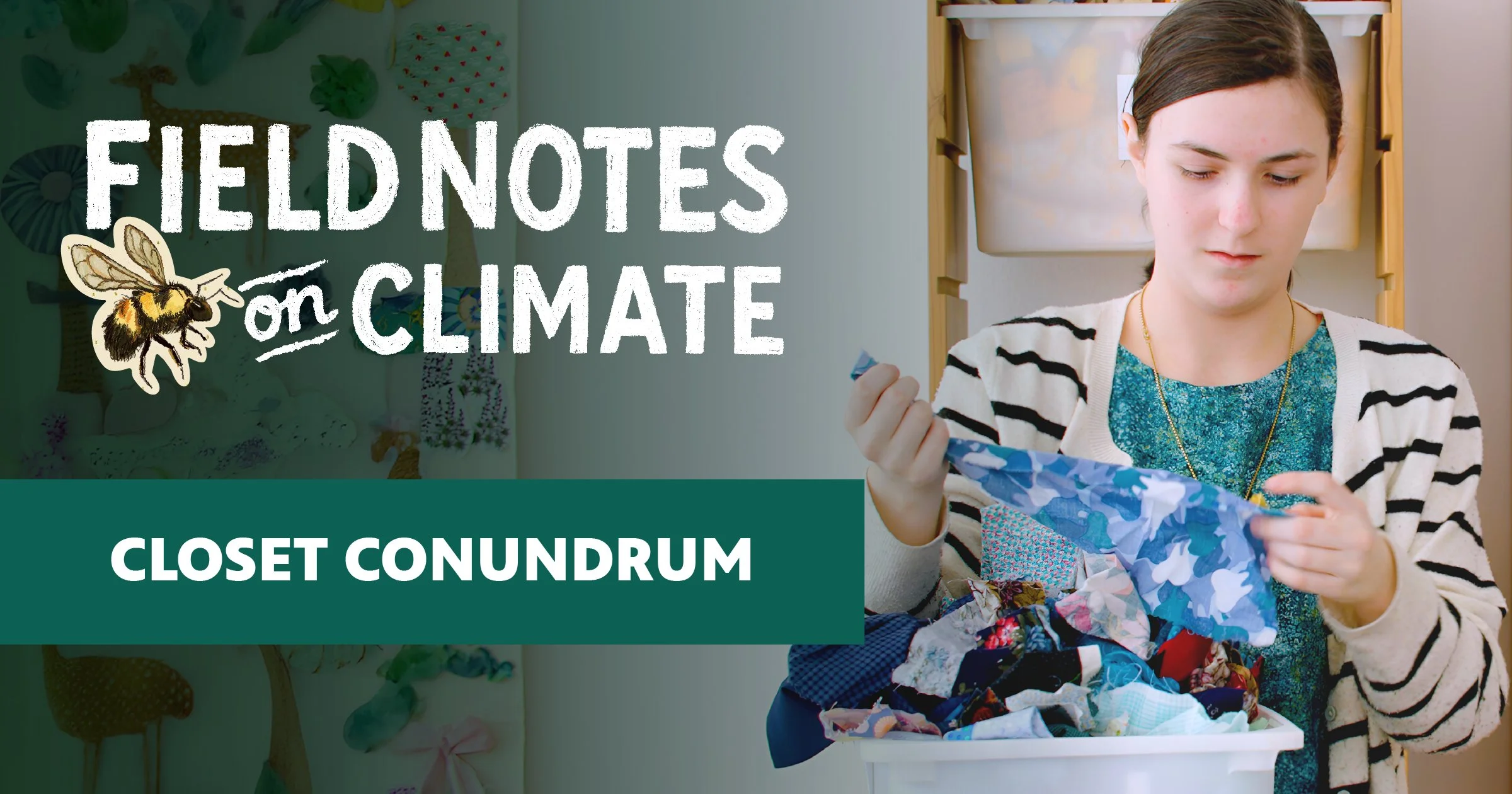 A social sharing graphic for the "Field Notes on Climate" series. On the right, a person in a striped cardigan and teal top looks down into an overflowing bin of colorful fabric scraps. Bold white hand-lettered text on the left reads "Field Notes on Climate" with a bumblebee illustration, and a teal banner below reads "Closet Conundrum."