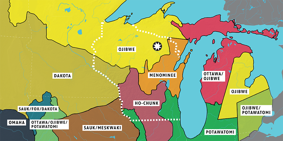 A color-coded map of Indigenous tribal territories in the upper Midwest and Great Lakes region, including Ojibwe, Dakota, Menominee, Ho-Chunk, Potawatomi, Ottawa, Sauk/Meskwaki, and Omaha nations, with a dotted white line marking a route through Ojibwe and Ho-Chunk lands.