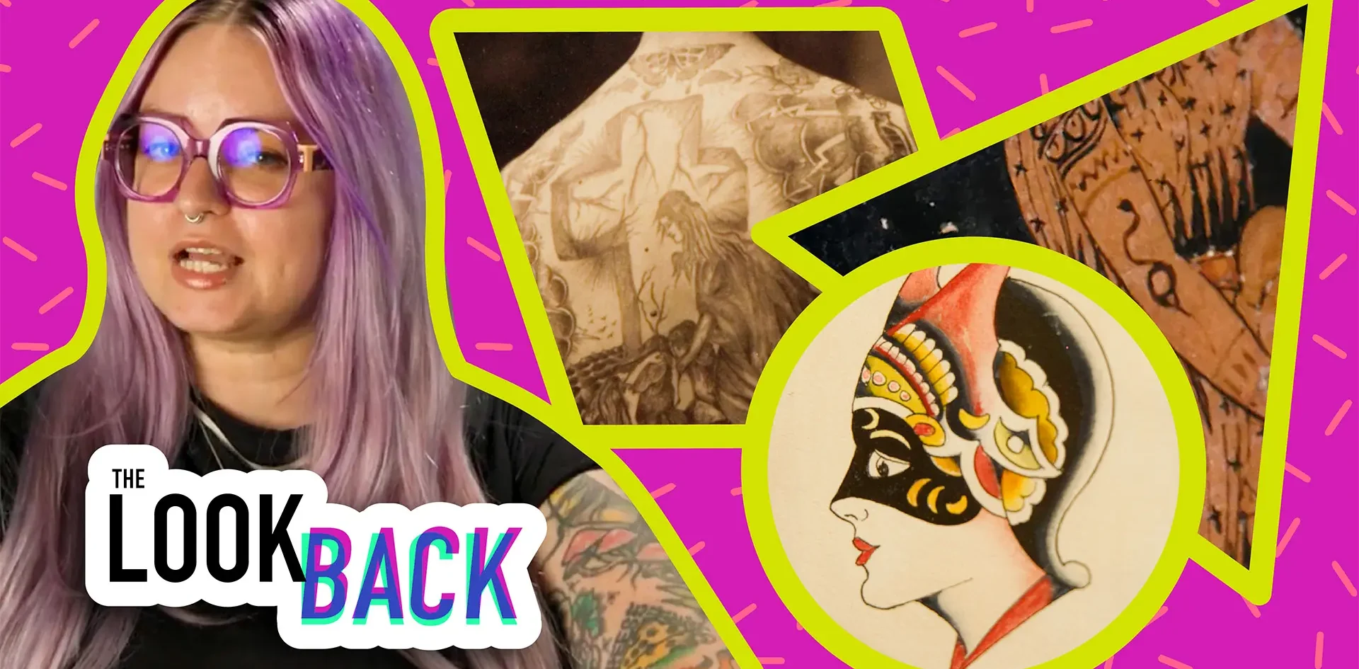 Purple-haired woman speaking to camera on a magenta background, next to a vintage photo of a heavily tattooed back and a colorful illustrated geisha-style tattoo design; 