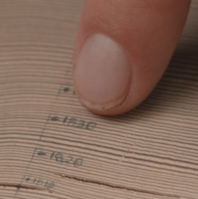 Close-up of a fingertip resting on a tan, finely striped surface (resembling tree rings or sediment layers) marked with small handwritten date labels.
