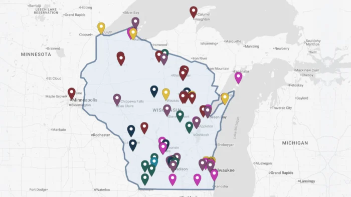 Map of Wisconsin showing locations related to the content on the pbswisconsineducation.org website
