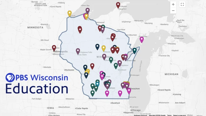 Map of Wisconsin dotted with colored pins marking locations featured in PBS Wisconsin Education content, alongside the PBS Wisconsin Education logo