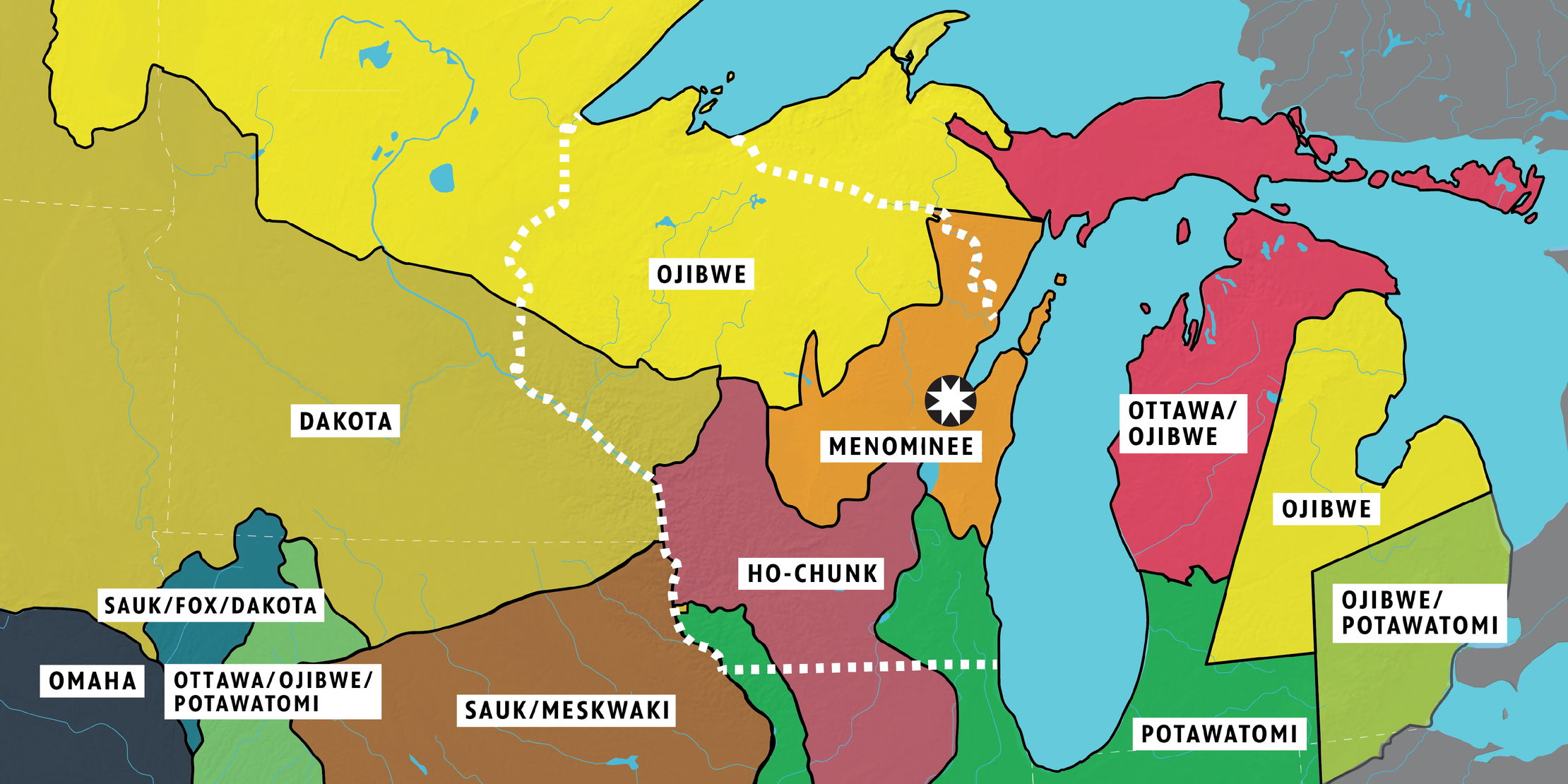 Map of Great Lakes tribal lands including Ojibwe, Dakota, Menominee, Ho-Chunk and Potawatomi, with Wisconsin outlined and a star marker.
