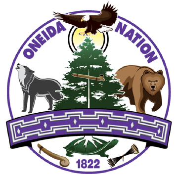 Oneida Nation seal: eagle above a pine tree, flanked by a wolf and bear, a turtle below, a purple wampum belt, and 1822.