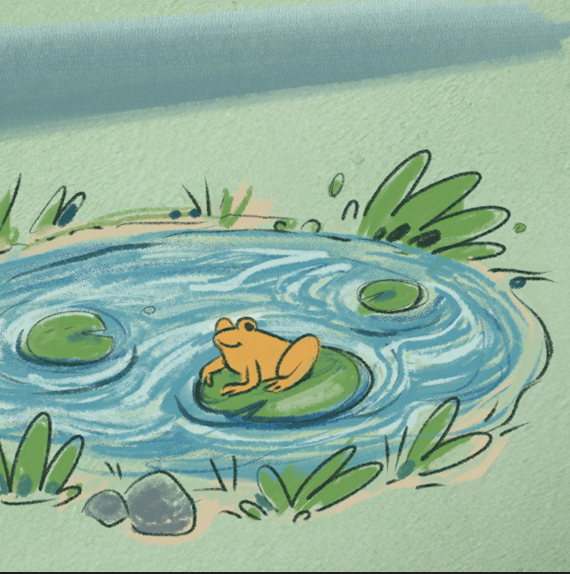 Illustration of an orange frog sitting on a lily pad in a small blue pond ringed by grass and rocks.